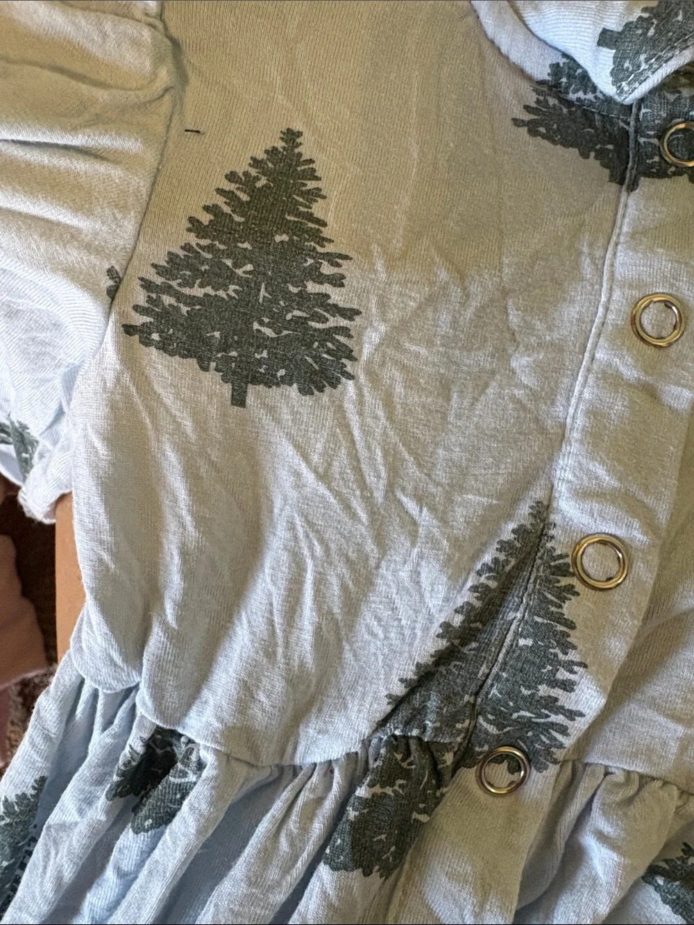 kate quinn Light Blue Bodysuit with Dark Green Tree Print